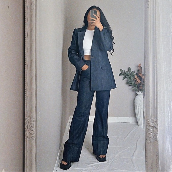 Zara Set - Golden Button Blazer Denim & High Rise Front Sean Z1975 Jeans - Picture 6 of 16